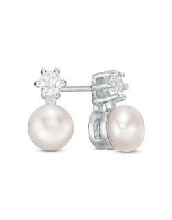 6.5-7.0mm Button Cultured Freshwater Pearl and Lab-Created White Sapphire Stud Earrings in Sterling Silver