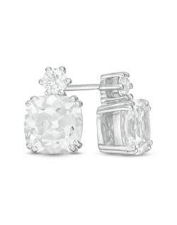 7.0mm Cushion-Cut and Round Lab-Created White Sapphire Stud Earrings in Sterling Silver